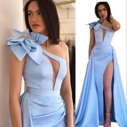 2023 Sexy Light Sky Blue Evening Dresses Wear Illusion Sleeveless Cut-Out One Shoulder Side Split Flowers Keyhole Ruched Formal Party Dress Prom Gowns