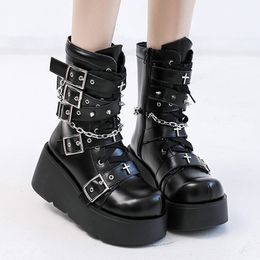 Boots Punk Metal Buckle Platfom Ankle Boots Women Autumn PU Leather Chunky Heels Gothic Shoes Woman Thick Bottom Motorcycle Botas 221114