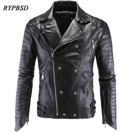 Men's Fur Faux Fur Brand Skull Leather Jacket Men Punk Style Black Coat High Quality Long Sleeve Vintage Zipper PU Faux Biker Leather Jacket Men 221114