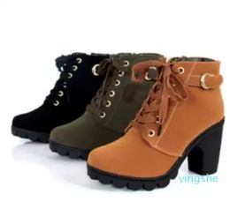 Women 'S Buckle Boots Ankle Boots Zipper Boots Winter Lace-Up Retro Belt Woman Casual Lady Thick High Heel Suede Warm