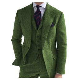 Men's Suits Blazers Mens 3 Pieces Green Wool Tweed Herringbone Business Retro Classic PatternTuxedos For Wedding Blazer Pants Vest 221114