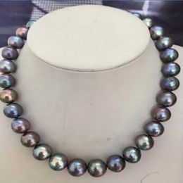 shupping HUGE PERFECT 11-12mm TAHITIAN BLACK RED GREEN PEARL NECKLACE17.5"14KGP