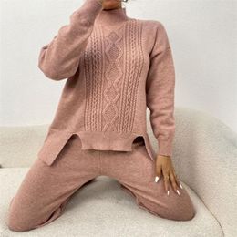 Women's Two Piece Pants Turtleneck Sweater Wide-leg Suit Casual Long Loose Twist Knitted Top Two-piece Set