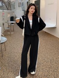 Women's Two Piece Pants LANMREM Black White Colour Block Blazer With Long Split Trousers Female Pieces Sets Casual Clothing 2022 Autumn