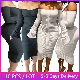 Casual Dresses Wholesale Item Ruched Off Shoulder Party Dress Ribbed Long Sleeve Midi Women Clubwear Drawstring Backless Bodycon