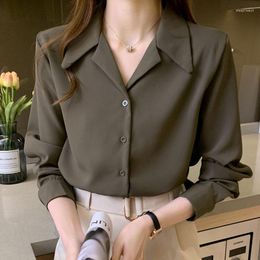 Women's Blouses Retro Suit Collar White Long Sleeve Shirts Women 2022 Autumn Loose Solid Button Tops Mujer Blusas Elegant Chiffon Black 1297