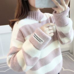 QNPQYX New Y2k Women Sweater Turtleneck Pullover Jumper Stripe Thick Sweater Imitated Mink Wool Sweater