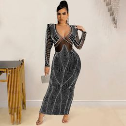 Casual Dresses Sheer Mesh Drill Diamond Cocktail Dress Deep V Neck Long Sleeve See Through 2022 Sexy Nightclub Party Robe