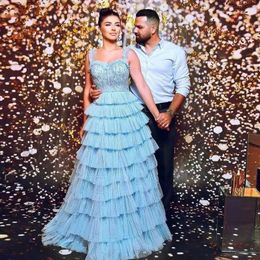 Charming Sky Blue Tier Boho Prom Dresses Spaghetti Strap Ruffles Tulle Layered Evening Party Gown Custom Made Arabic Dubai Wears