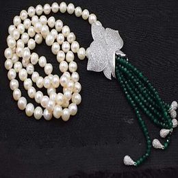 wholesale freshwater pearl white round 8-9mm and green jades stone tassel beads neklace 35inch