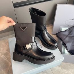 Ankle boots Motorcycle Winter one-piece brushed leather Martin short boots Nylon thick soled party top brand women's buckle