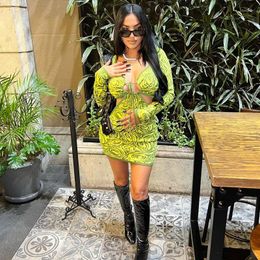 Casual Dresses Print Hollow Out Women Mini Dress Long Sleeve Drawstring Ruched Bodycon Sexy Streetwear Club Gothic Autumn Vestidos De Mujer