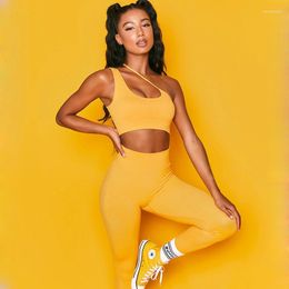 Women's Two Piece Pants Women Sports Sets Workout Joggings Yoga Fitness Outfit One Shoulder Pad Cropped Tops Leggings Casual Tracksuits