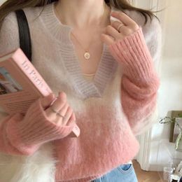 Women's Sweaters Fashion Autumn Sweater For Women Knitted Top Classic Basic V Neck Pullovers Pink Soft Girl Jumpers