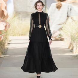 Casual Dresses Ruffled Collar Sheer Lantern Sleeve Gold Buckle Leather Belt Ankle Length Crochet Flower Frills Spotted Black Mesh Maxi Dress