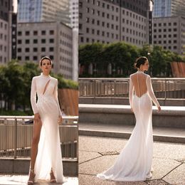 Elegant Mermaid Wedding Dresses High Collar Long Sleeves Transparent Lace Back Zipper Split Side Applicant Court Gown Custom Made Plus Size Vestidos De Novia