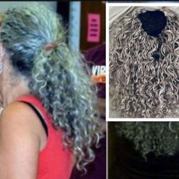 Grey drawstring ponytails human hair extension silver grey curly salt and pepper pony tail hairpiece clip in 10-20inch 120g