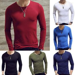 Men's T Shirts Men T-Shirt Elastic Long Sleeve Pullover Solid Colour Basic Tees Slim Fit Underwear O Neck Clothes 2022 High Quailty