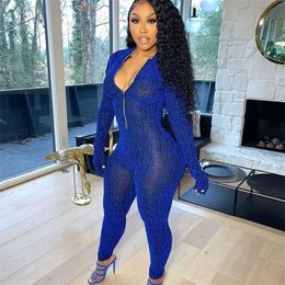 Womens Jumpsuits Rompers Sexy Mesh Sheer Glitter Bodycon Women Long Sleeve Front Zipper Female Overalls Jumpsuit Club Outfits 221115