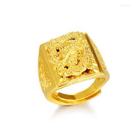 Cluster Rings 24K Pure Yellow Gold Ring For Men Luxury Dragon Adjustable Gentleman Wedding Party Jewellery Gift 2022 Trend