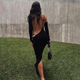 Casual Dresses Combhasaki Sexy Women Close-fitting Party Clubwear Solid Colour Round Neck Backless Split Hem Cut-out High Slit Black Long