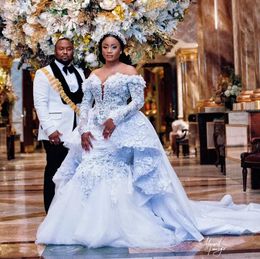 2023 Plus Size Arabic Aso Ebi Luxurious Lace Beaded Wedding Dresses Mermaid Long Sleeves Bridal Dresses Vintage Wedding Gowns GC11209m