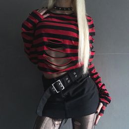 Women's T Shirts InsGoth Striped Sweaters Street Cutout Christmas Loose Dark Long Sleeves Tops Y2K Gothic Harajuku Grunge One-Neck winter Pullover