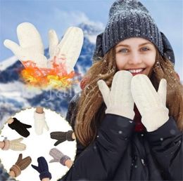 Women Fashion Knit Twist Flowers Mittens Winter Female Plus Cashmere Velvet Thickening Warm Full Finger Gloves Guantes DE930