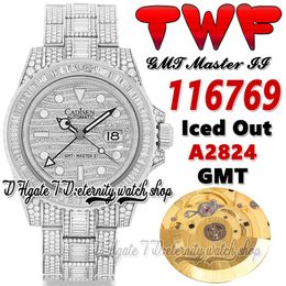TWF GMT Paved Diamonds Herrenuhr A2824 Automatik 40 mm tw116769 Iced Out Baguette Diamond 904L OysterSteel Armband 2022 Super Edition Ewigkeitsschmuckuhren