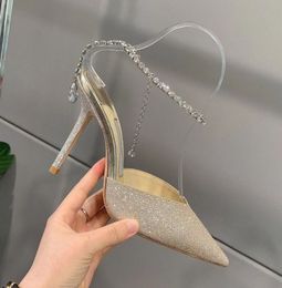 Saeda Y-shaped Rhinestone Chain stilettos Bride Dresses Women's Shoes Buckle Stiletto Sandals Pointed Toe Sandals Ankle Bright Diamond-chain High-heeled Women 43-42