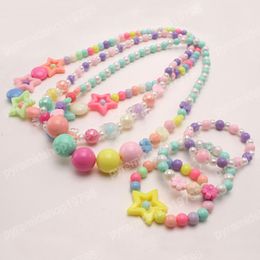 Fashion Colorful Flower/Bowknot Beads Necklace Bracelets Handmade Elastic Kids Girls Jewelry Set For Party Gift