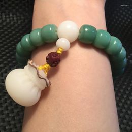 Strand Wholesale Weathering Green Natural Bodhi Bracelets Barrel Beads With Money Bag For Men Women Hand String Mala Jewelry