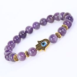 Amethyst Map Stone Beaded Bracelet Strand Buddha's Hand Blue Eye Charm Bracelets Women Fashion Jewellery