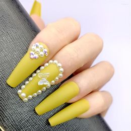 False Nails Beautiful Mustard Yellow In Gift Box With Pearls And 3D Butterfly Design Art Press On Coffin Long Decor 24pcs