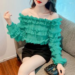 Women's Blouses Ruffle Pleated Chiffon Shirt Autumn Slash Neck Solid Off Shoulder Long Sleeve Blouse Women Casual Candy Color Tops Blusas