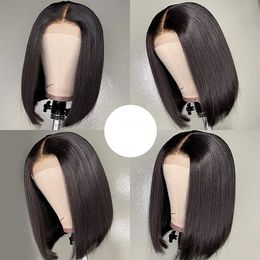 Synthetic Wigs Lace in front of short straight hair High temperature filament 30-45CM long Wig female black Bobo wave head