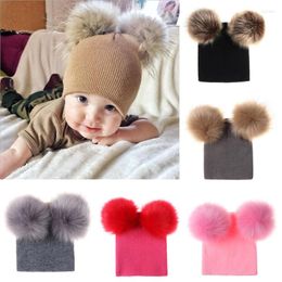 Berets Winter Baby Girls Knit Hat With Two Fur Pompoms Boys Natural Ball Slouhcy Beanie Caps Double Real Pom