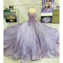 Светло -пурпурные платья Quinceanera сладкие 16 девушки для бала аппликации хрустальные вечеринки по случаю дня рождения