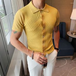 Men's Polos Men's Ice Silk Short-sleeved T-shirt British Slim Lapel Casual Solid Color Plaid Knitted POLO Cardigan Fashion Shirt