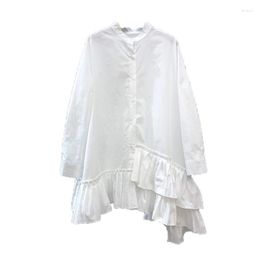 Casual Dresses PERHAPS U White Black Mandarin Collar Button Dress Long Sleeve Solid Pleated Short Mini Asymmetrical D1350