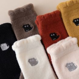 Mink velvet socks children's middle tube thickened in autumn and winter plush embroidery cat for warmth