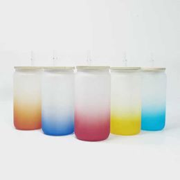 16oz Sublimation Frosted Glass Beer Mugs Gradient color With Bamboo Lid and Reusable Straw heat transfer glass soda Can Coffee Milk Juice