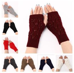 knitted acrylic warm half finger gloves Fashion women Empty needle leaves gloves
