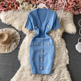 2022 Casual Dresses new design women's v-neck short sleeve high waist knitted buttons patched pencil short dress