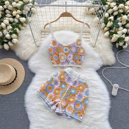 Women's Tracksuits Summer Women Luxury Hand Knitted Floral Hollow Out Backless Camis Flowers Crocheted Tanks Shorts Elastic Waist Mini 2pcs