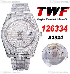 TWF V3 Full Diamonds A2824 Automatic Mens Watch Whtie Stick Paved Diamond Dial And Fully Iced Out 904L Steel Bracelet Watches Puretime E410B2