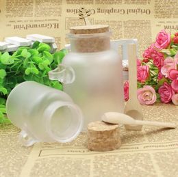 Storage Bottles ABS Round Bath Salt 100g 200g Powder Plastic Containers With Cork Jar Wood Spoon Packaging Bottle 100pcs/lot SN274