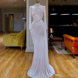 Sexy Glitter Mermaid Evening Dresses High Collar Sequins Beaded Long Sleeve Sweep Train Formal Party Gowns Custom Made Long Prom Dress BC14705