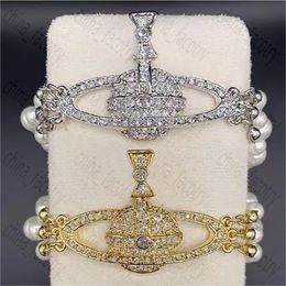 Luxury Fashion Beaded Pearl Bracelet Three layer diamond filled Saturn Bracelets Charming women wear Noble Elegant Gold and silver bicolor Vivian on Sale