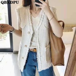 Women's Vests Vintage Tweed Vest Pocket Women Jacket Gilet Blanc Sleeveless Korean Style Button Waistcoat Chalecos Elegantes Para Mujer 221116